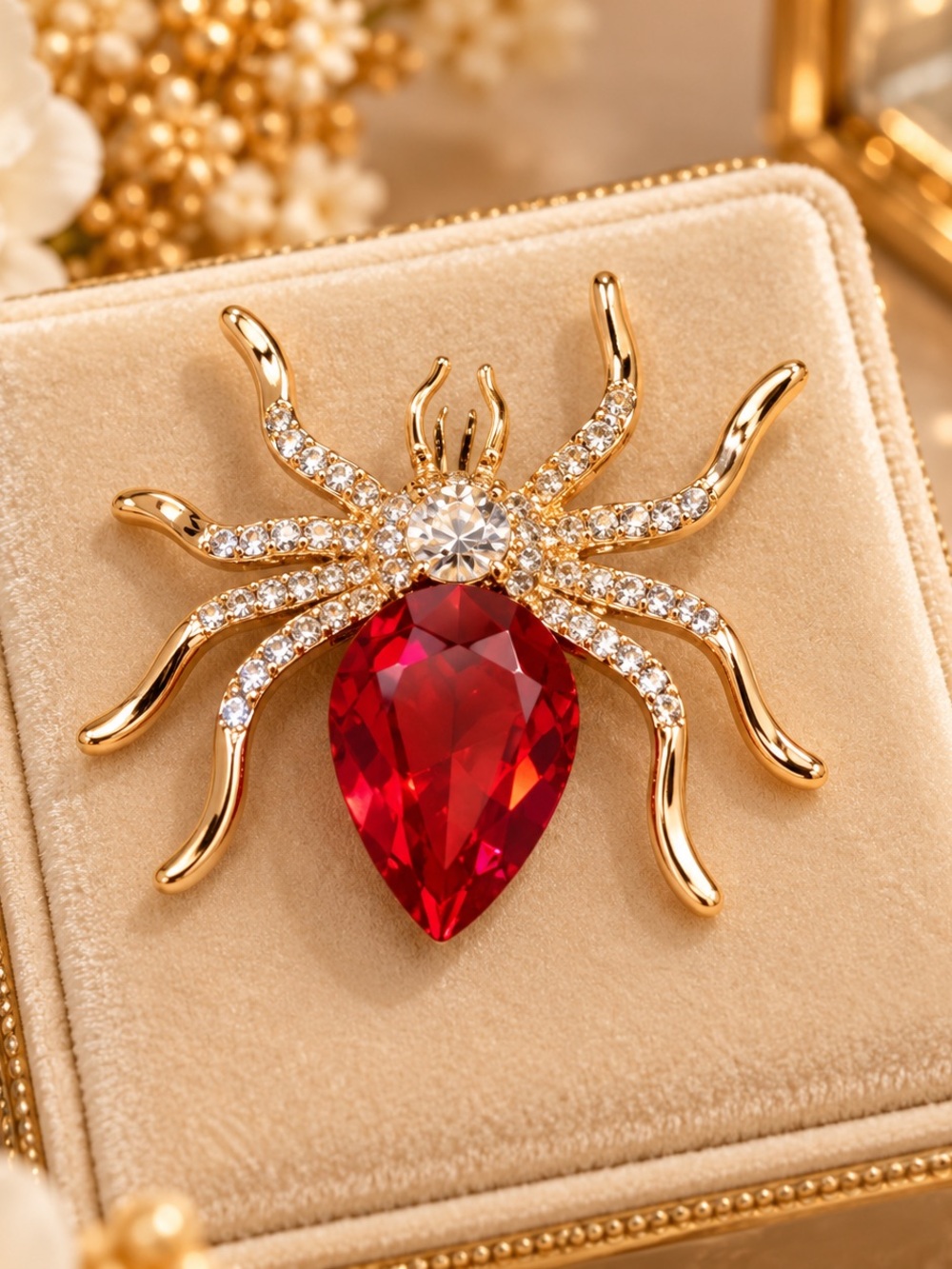 Gold Spider Brooch with Red Crystal Teardrop - Women's Jewelry